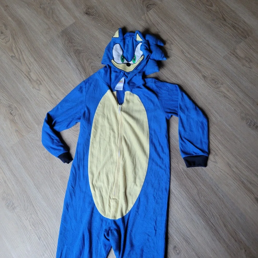 Sonic the Hedgehog Pajamas Kids Size 8 Blue Union Suit Hooded One Piece